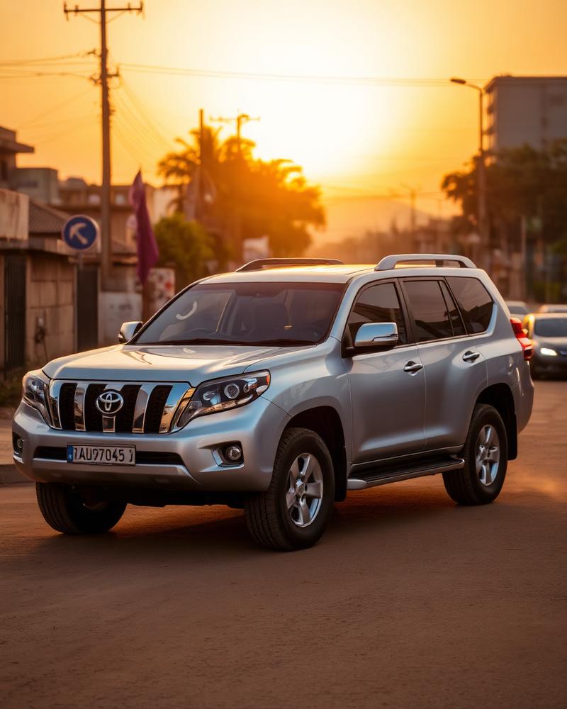 Silver Toyota Land Cruiser Prado on an Accra street at sunset